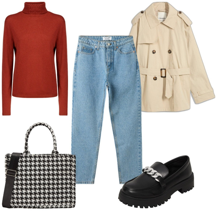 Outfit donna - Total look #2072777. Stile Trendy per Tutti i giorni. Abbinamento con trench, jeans mom, shopping bag, mocassini, maglieria.