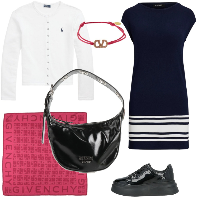 Outfit donna - Sporty Spring. Stile Sporty chic per Tutti i giorni. Abbinamento con borse a mano, sciarpe, sneakers, cardigans, vestiti, braccialetti.