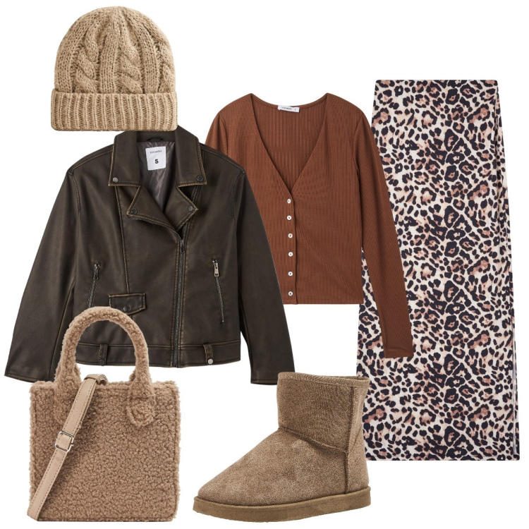 Outfit donna - Gonna lunga animalier. Stile Casual chic per Tutti i giorni. Abbinamento con gonne lunghe, cardigans, giacche, stivaletti, shopping bag, berretti.