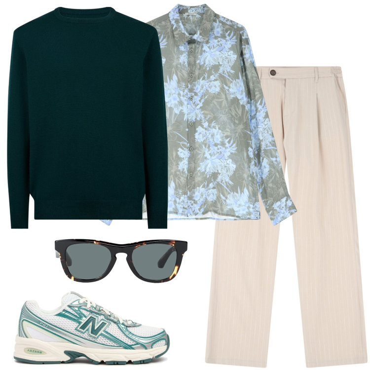 Outfit uomo - In primavera. Stile Casual per Ufficio. Abbinamento con occhiali da sole, camicie, pantaloni, maglieria, sneakers.