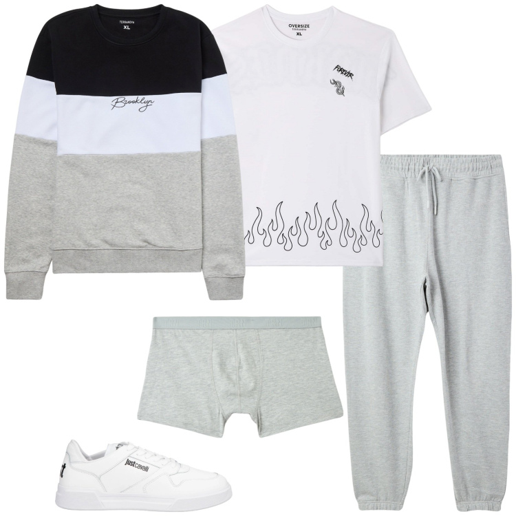 Outfit uomo - Venerdì sera in relax. Stile Casual per Tutti i giorni. Abbinamento con sneakers, felpe, t-shirt, boxer, pantaloni.