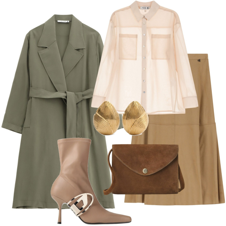 Outfit donna - Primavera da Bantoa. Stile Chic per Tutti i giorni. Abbinamento con stivaletti, camicie, trench, gonne longuette, borse a tracolla, orecchini.