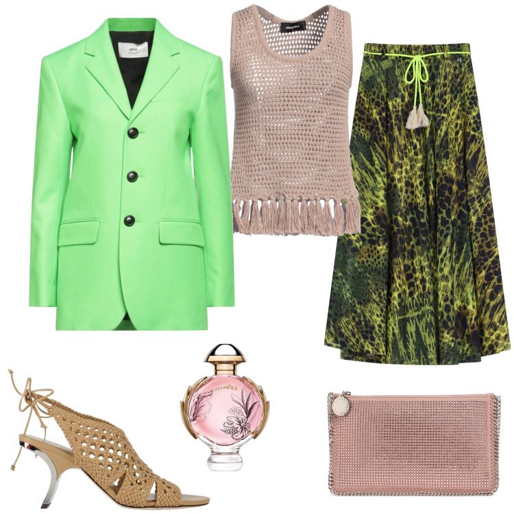 Outfit donna - Foresta pluviale. Stile Casual chic per Serata fuori. Abbinamento con top, blazer, sandali in pelle, profumi, gonne lunghe, pochette.