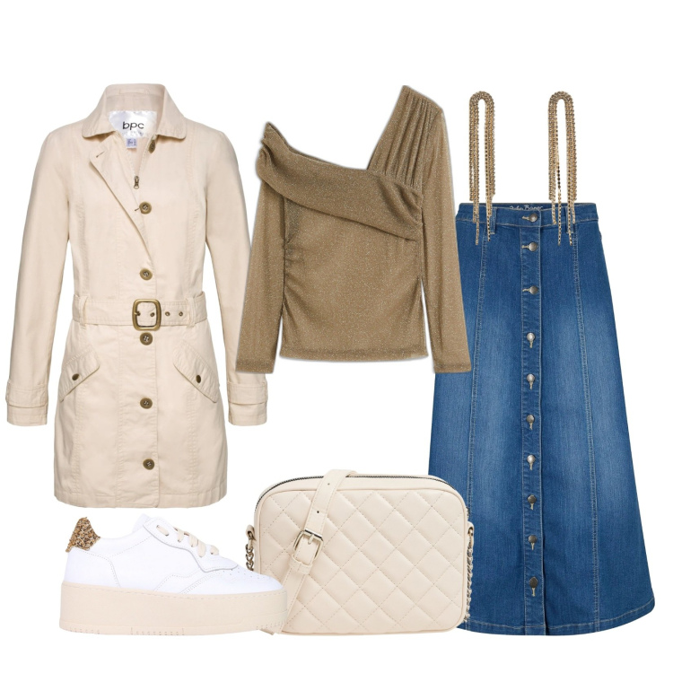 Outfit donna - Marzo. Stile Casual chic per Tutti i giorni. Abbinamento con gonne longuette, maglieria, trench, orecchini, borse a tracolla, sneakers.