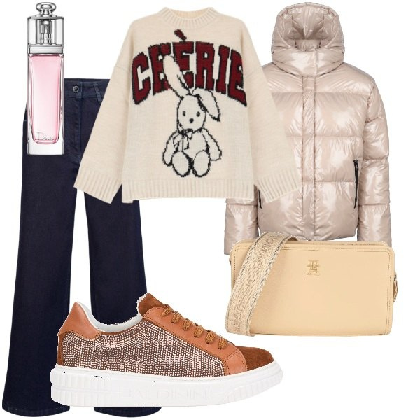 Outfit donna - A spasso per la città. Stile Trendy per Tutti i giorni. Abbinamento con sneakers, borse a tracolla, profumi, maglieria, blazer, pantaloni.