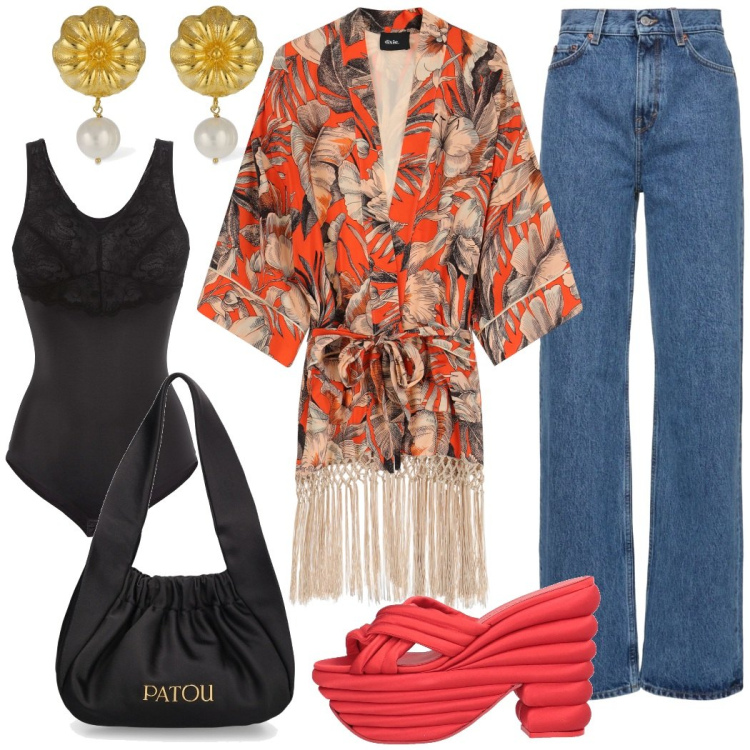 Outfit donna - Vacanze al mare. Stile Etnico per Serata fuori. Abbinamento con body, sandali col tacco, kimono, orecchini, borse a spalla, jeans.