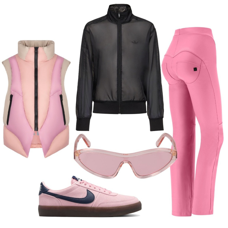 Outfit donna - Sabato sporty. Stile Sporty chic per Sport. Abbinamento con pantaloni, piumini, occhiali da sole, sneakers, felpe.