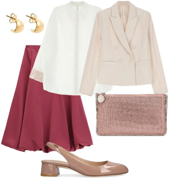 Outfit donna - Cerimonia tra intimi. Stile Glamour per Cerimonia. Abbinamento con camicie, gonne longuette, blazer, décolleté, pochette, orecchini.