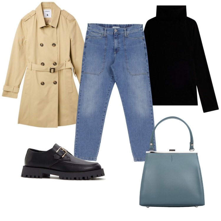 Outfit donna - Total look #2072854. Stile Trendy per Tutti i giorni. Abbinamento con mocassini, trench, jeans, maglieria, clutch.