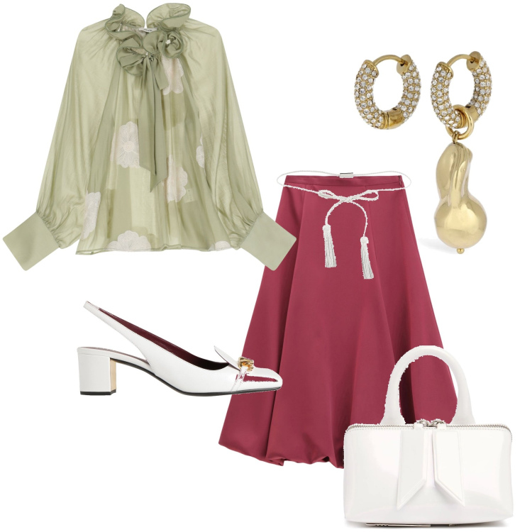 Outfit donna - La classe. Stile Bon Ton per Ufficio. Abbinamento con décolleté, cinture, gonne longuette, bluse, borse a mano, orecchini.