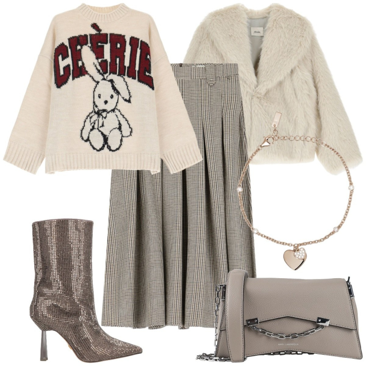 Outfit donna - Ufficio/Serata. Stile Casual chic per Serata fuori. Abbinamento con stivaletti, borse a tracolla, gonne lunghe, maglieria, blazer, braccialetti con ciondoli.