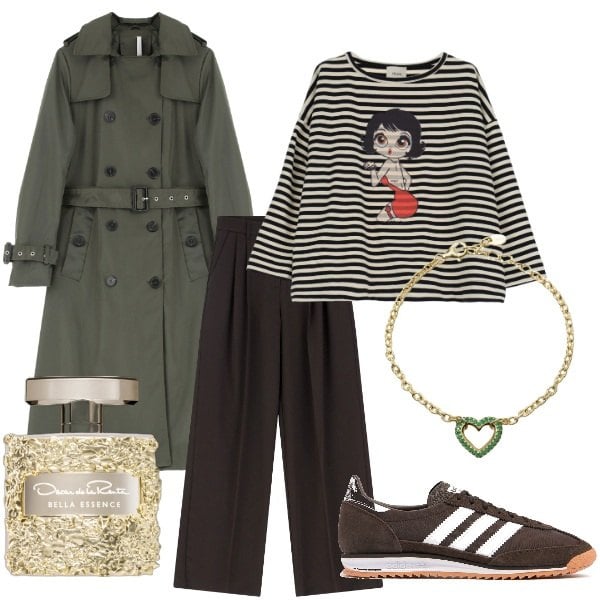 Outfit donna - A spasso per la città. Stile Trendy per Tutti i giorni. Abbinamento con profumi, braccialetti, trench, pantaloni, t-shirt, sneakers.