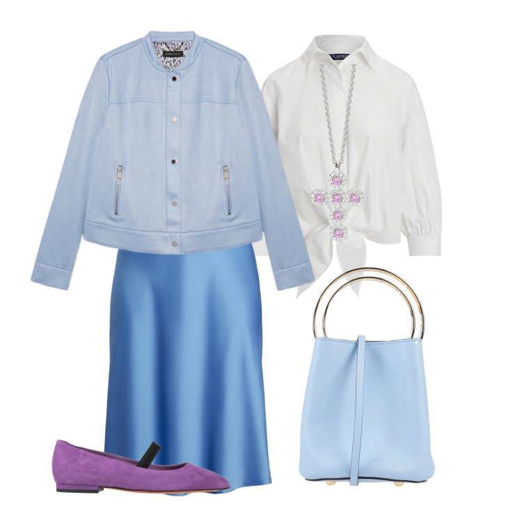 Outfit donna - Light blue. Stile Romantica per Ufficio. Abbinamento con ballerine, borse a mano, ciondoli, camicie, gonne, blazer.