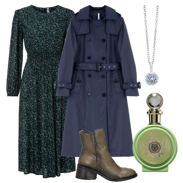 Outfit donna - A spasso per la città. Stile Trendy per Tutti i giorni. Abbinamento con vestiti midi/longuette, stivaletti, profumi, collane, trench.