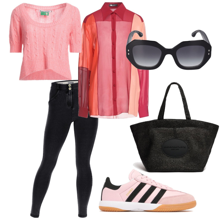 Outfit donna - Pink lady. Stile Casual chic per Scuola/Università. Abbinamento con pullovers, camicie, jeggings, occhiali da sole, sneakers, shopping bag.