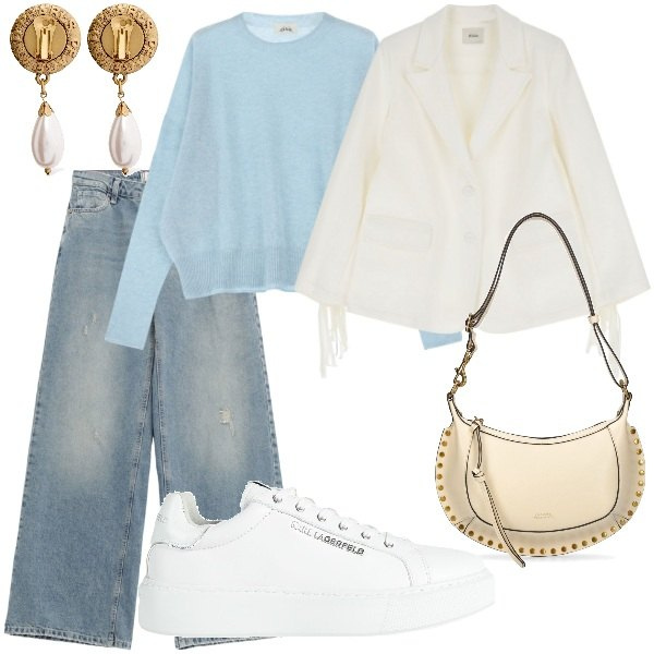 Outfit donna - Dettagli che fanno la differenza. Stile Casual chic per Tutti i giorni. Abbinamento con sneakers, jeans, pullovers, blazer, borse a spalla, orecchini.