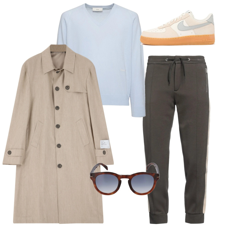 Outfit uomo - Dusty. Stile Trendy per Tutti i giorni. Abbinamento con pantaloni sportivi, trench, pullovers, occhiali da sole, sneakers.