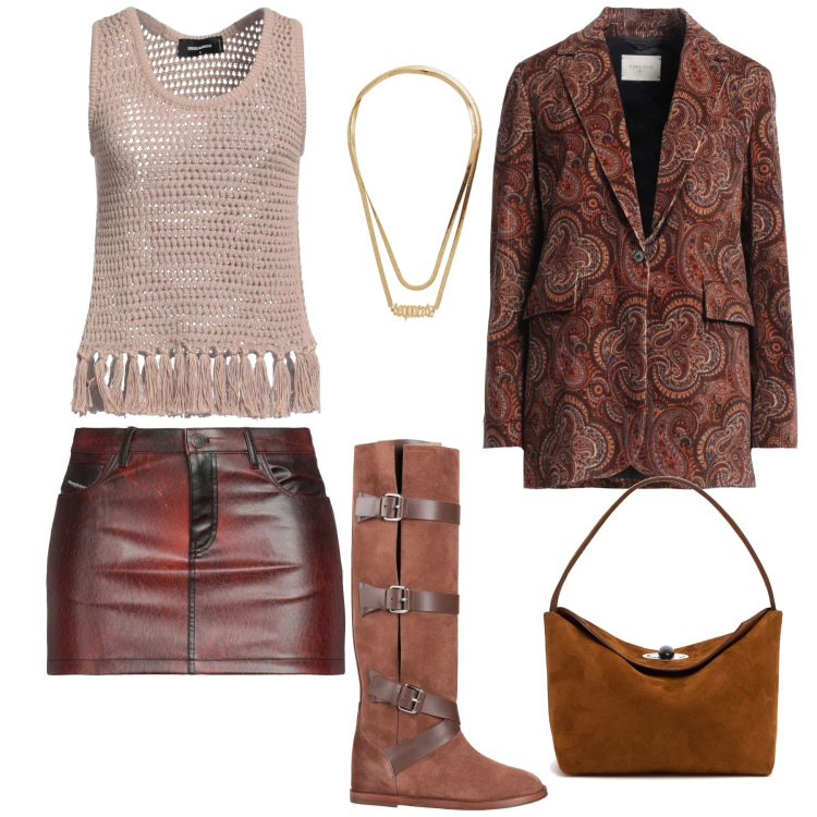 Outfit donna - Mi sento creativa. Stile Mannish per Tutti i giorni. Abbinamento con top, collane, minigonne, blazer, stivali, borse a spalla.