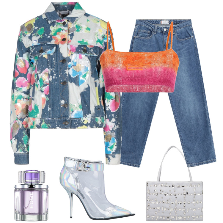 Outfit donna - Denim stampa fiori. Stile Casual chic per Serata fuori. Abbinamento con jeans, stivaletti, top, profumi, jeans dritti, borse a spalla.