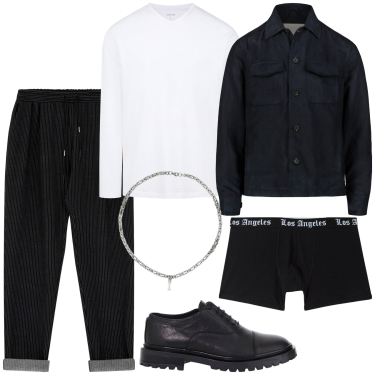 Outfit uomo - Total look #2072932. Stile Casual per Serata speciale. Abbinamento con boxer, pantaloni, scarpe stringate, collane, giacche, t-shirt.