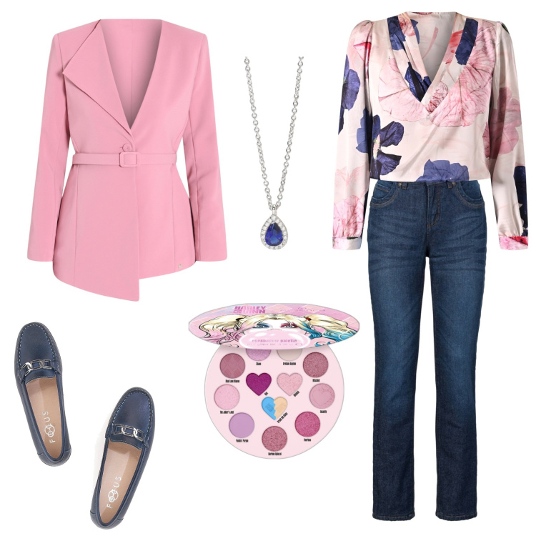 Outfit donna - La giacca asimmetrica casual chic. Stile Casual chic per Tutti i giorni. Abbinamento con jeans dritti, ombretti, collane, blazer, bluse, mocassini.