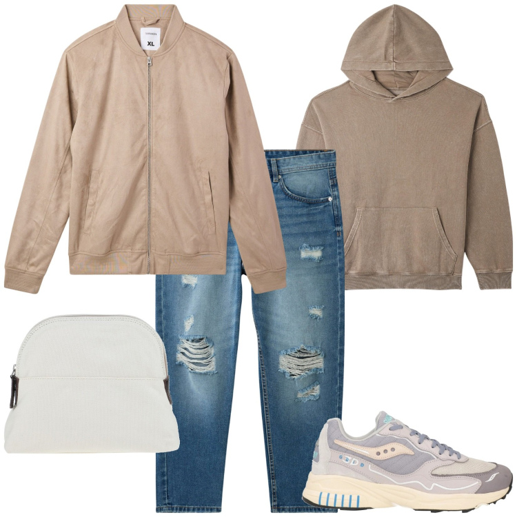 Outfit uomo - Total look #2072947. Stile Casual per Tutti i giorni. Abbinamento con borse sportive, sneakers, bomber, felpe con cappuccio, jeans strappati.
