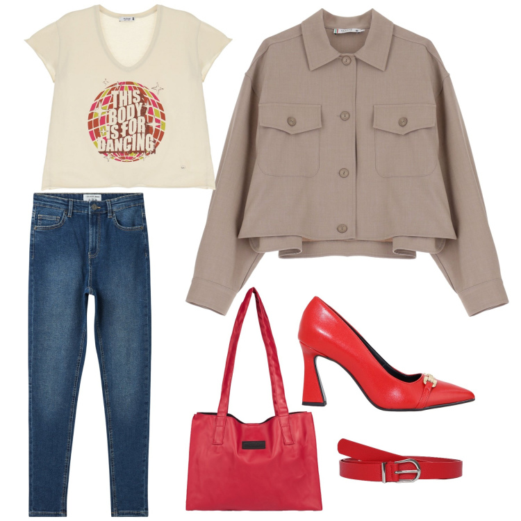 Outfit donna - Un tocco di rosso. Stile Sporty chic per Serata fuori. Abbinamento con cinture, jeans skinny, blazer, t-shirt, décolleté, shopping bag.