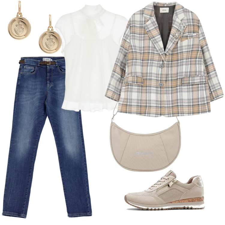 Outfit donna - Primavera casual. Stile Casual per Tutti i giorni. Abbinamento con sneakers, jeans slim fit, top, borse a spalla, blazer, orecchini.
