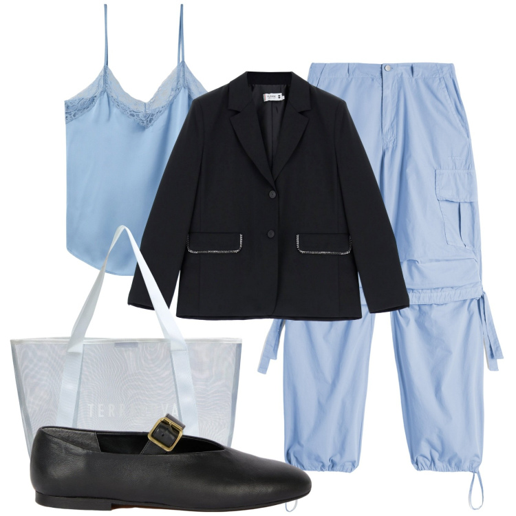 Outfit donna - Total look #2072990. Stile Sporty chic per Tutti i giorni. Abbinamento con canottiere, shopping bag, blazer, pantaloni cargo, ballerine.