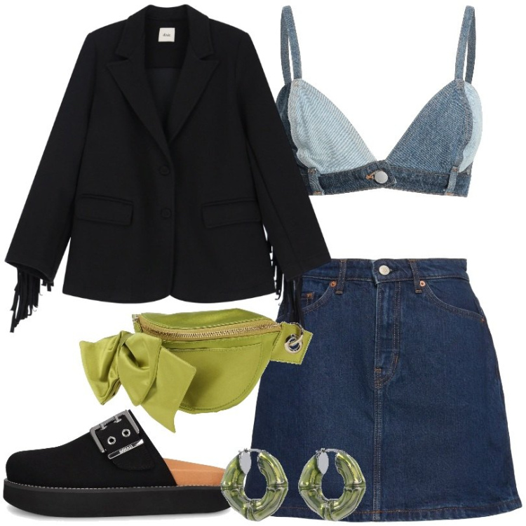 Outfit donna - Blazer con frange. Stile Urban per Tutti i giorni. Abbinamento con marsupi, top, blazer, minigonne, orecchini, pantofole.