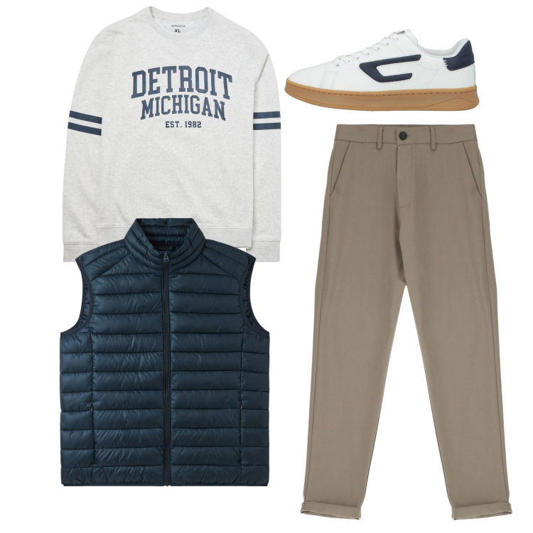 Outfit uomo - In città. Stile Casual per Tutti i giorni. Abbinamento con sneakers, felpe, gilet, pantaloni.
