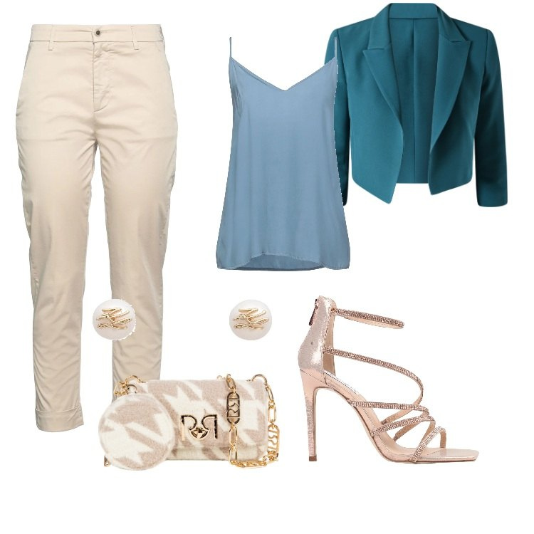 Outfit donna - Colori Primaverili. Stile Chic per Cerimonia. Abbinamento con pantaloni, top, sandali col tacco, orecchini, blazer, borse a tracolla.