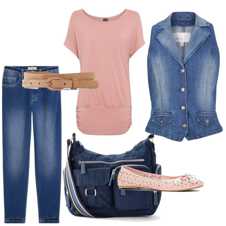 Outfit donna - bonprix - Esplora la primavera. Stile Casual per Scuola/Università. Abbinamento con maglieria, borse a tracolla, ballerine, gilet, jeans mom, cinture.