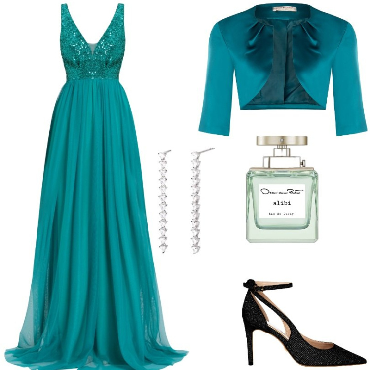 Outfit donna - Decolleté Glitter. Stile Glamour per Cerimonia. Abbinamento con profumi, orecchini, vestiti lunghi, bolero, décolleté.
