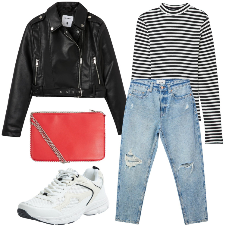 Outfit donna - Terranova - New Collection PE25. Stile Glamour per Serata fuori. Abbinamento con jeans mom, borse a tracolla, t-shirt, giacche, sneakers.