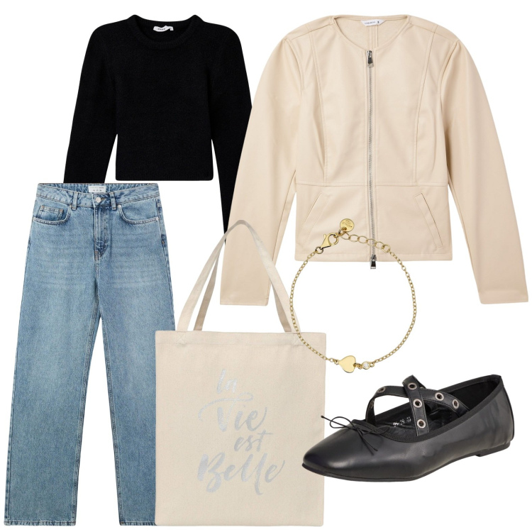 Outfit donna - Terranova - New Collection PE25. Stile Casual per Tutti i giorni. Abbinamento con jeans, ballerine, blazer, borse tote, maglieria, braccialetti.