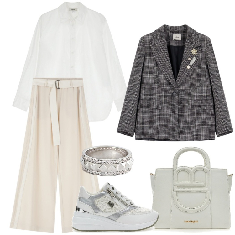 Outfit donna - Il blazer in ufficio. Stile Urban per Ufficio. Abbinamento con anelli, pantaloni, camicie, blazer, scarpe stringate, borse a tracolla.