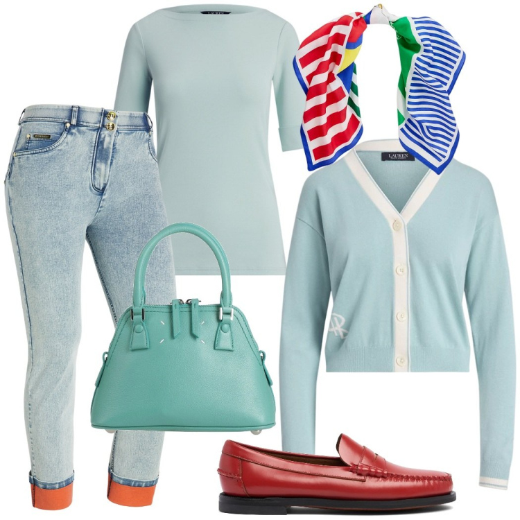 Outfit donna - Primavera in arrivo. Stile Casual chic per Tutti i giorni. Abbinamento con borse a mano, jeans dritti, foulard, cardigans, t-shirt, mocassini.