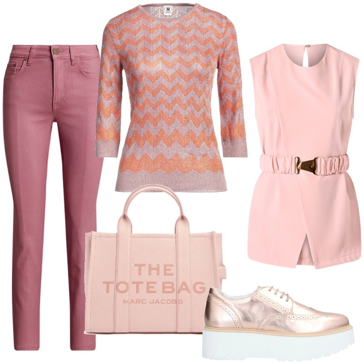 Outfit donna - Il rosa che fa primavera. Stile Bon Ton per Ufficio. Abbinamento con scarpe stringate, pullovers, bluse, jeans dritti, shopping bag.