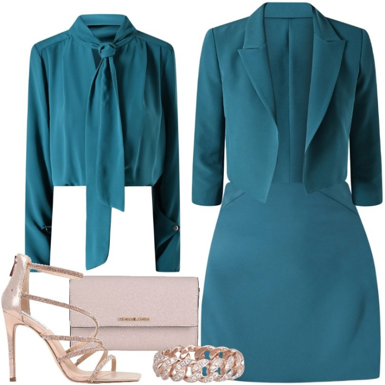 Outfit donna - primavera a colori. Stile Chic per Cerimonia. Abbinamento con sandali col tacco, borse a mano, minigonne, blazer, bluse, anelli.