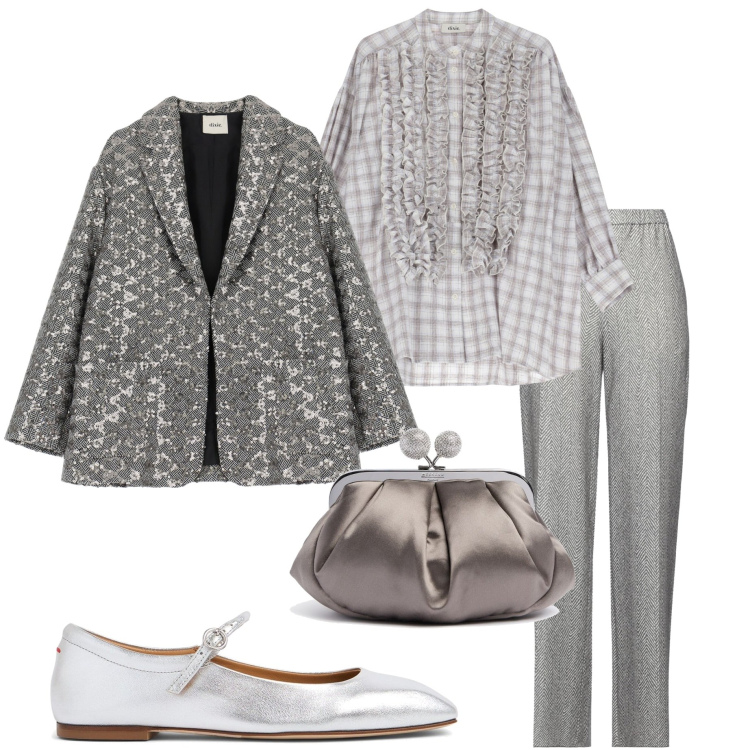 Outfit donna - Blazer di fine inverno. Stile Chic per Serata fuori. Abbinamento con pantaloni, camicie, blazer, ballerine, pochette.
