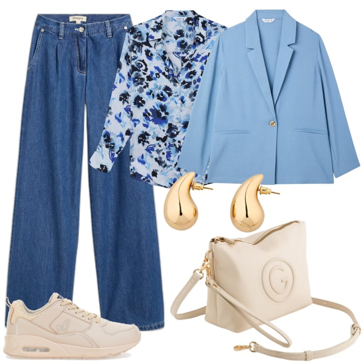 Outfit donna - Il blazer sta\' bene con tutto. Stile Casual chic per Tutti i giorni. Abbinamento con jeans, orecchini, blazer, camicie, sneakers, valigie.