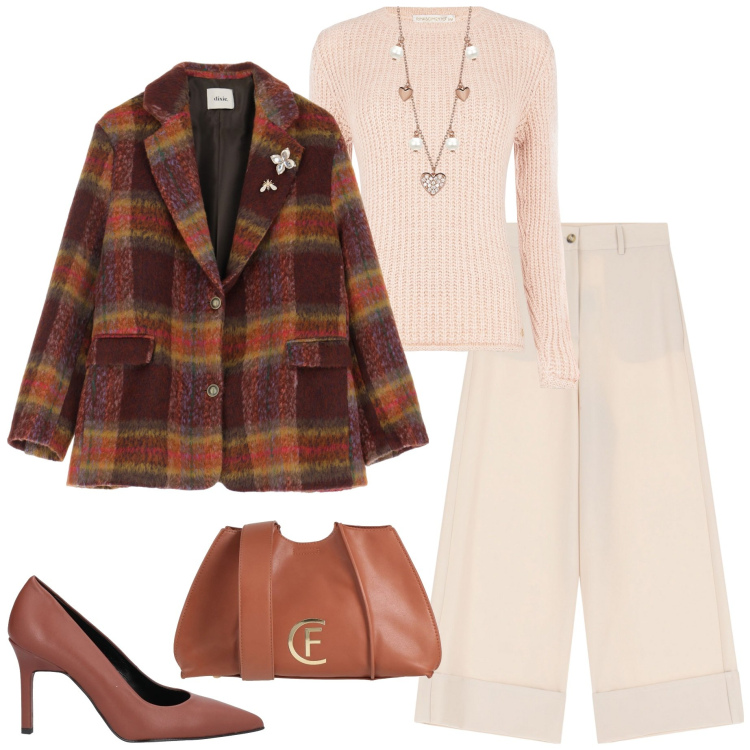 Outfit donna - Blazer di fine inverno. Stile Casual chic per Ufficio. Abbinamento con décolleté, borse a tracolla, collane, maglieria, blazer, pantaloni a palazzo.