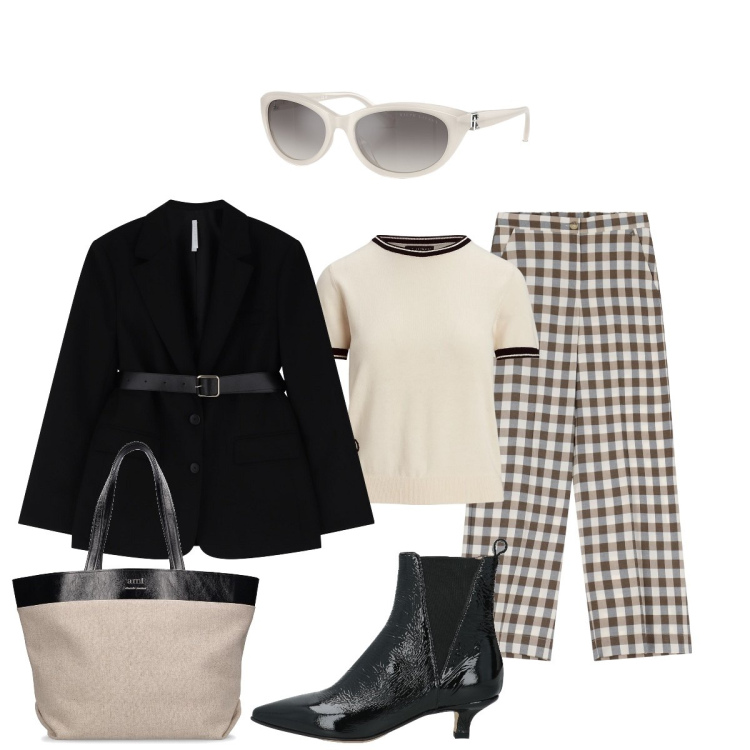 Outfit donna - In città. Stile Bon Ton per Tutti i giorni. Abbinamento con stivaletti chelsea, blazer, occhiali da sole, maglieria, pantaloni, shopping bag.