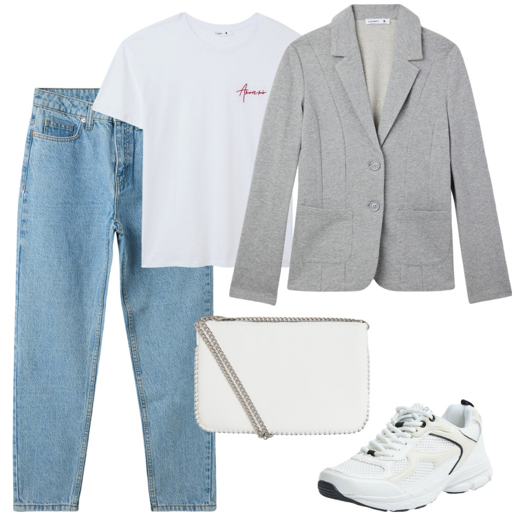 Outfit donna - Basico di tendenza. Stile Basic per Tutti i giorni. Abbinamento con jeans mom, blazer, sneakers, t-shirt, borse a tracolla.