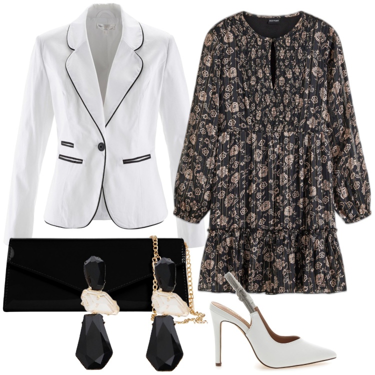 Outfit donna - Cerimonia di marzo. Stile Glamour per Cerimonia. Abbinamento con vestiti, blazer, pochette, orecchini, décolleté.