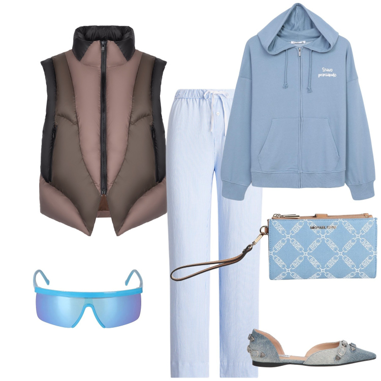 Outfit donna - Tempo libero del sabato. Stile Trendy per Tutti i giorni. Abbinamento con ballerine, portafogli, felpe con cappuccio, pantaloni, piumini, occhiali da sole.