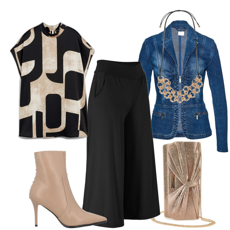 Outfit donna - Serale. Stile Glamour per Serata fuori. Abbinamento con pantaloni culotte, blazer, tuniche, stivaletti, pochette, collane.