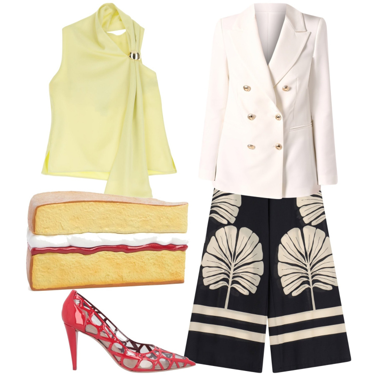 Outfit donna - Cerimonia trendy. Stile Trendy per Cerimonia. Abbinamento con décolleté, blazer, top, pantaloni a palazzo, pochette.