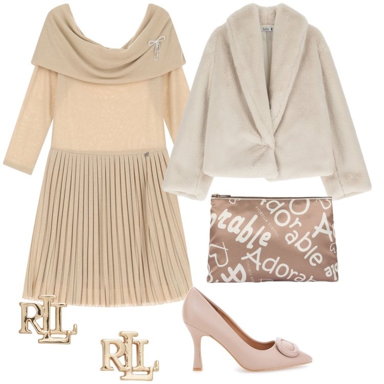 Outfit donna - Total look. Stile Bon Ton per Cerimonia. Abbinamento con ecopellicce, vestiti, orecchini, décolleté, pochette.